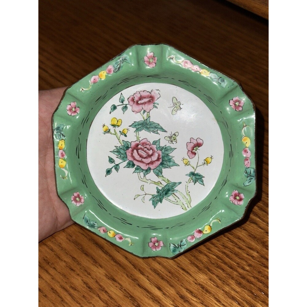 Vintage Chinese Canton Green Enamel on Metal Flowers & Butterfly Dish 4.75x1in